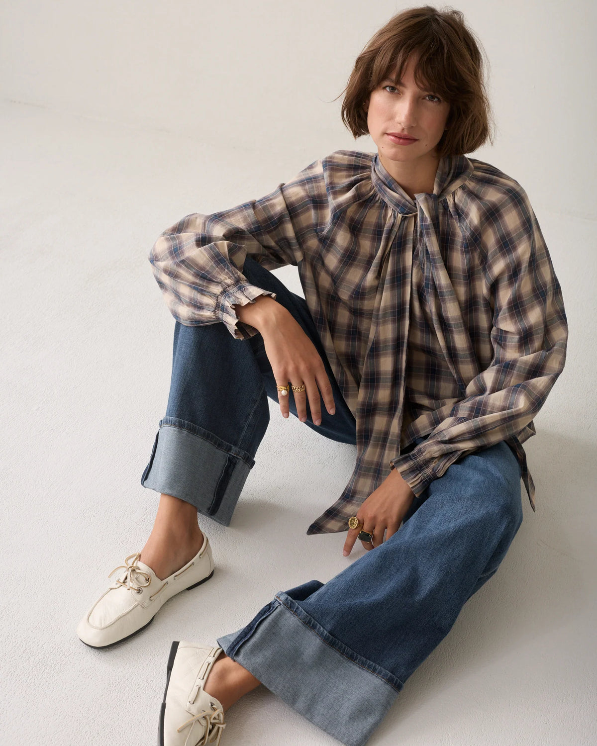 100% Cotton Blouse in Brown and Teal Blue Check