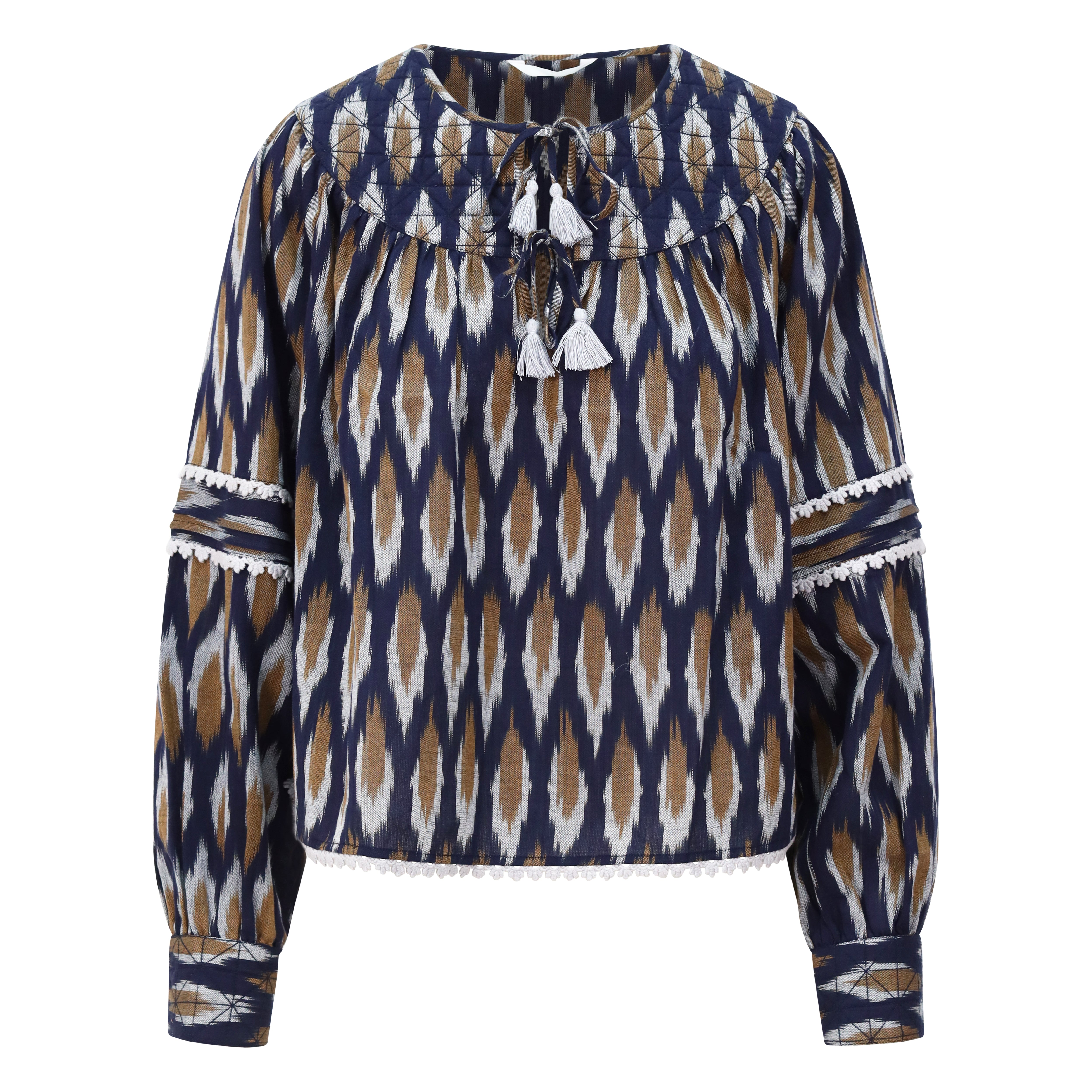 Averno 100% Cotton Quilted Yoke Blouse in Maritime Blue Diamond