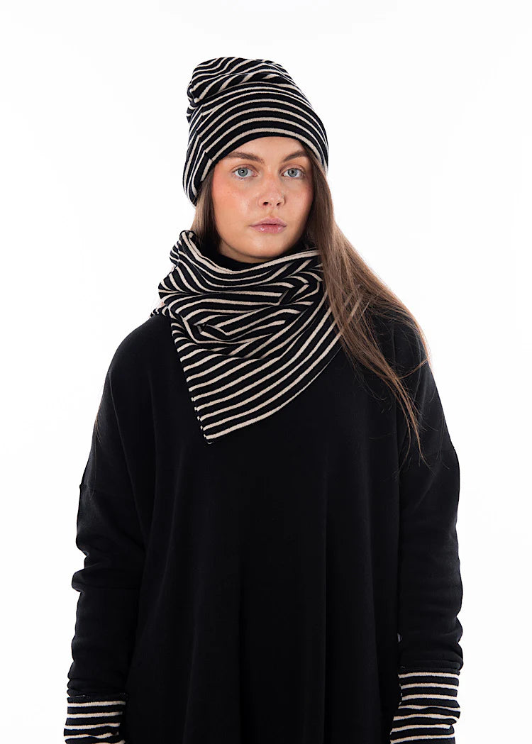 Kaki soft fleece beanie / cloche hat in Black and White stripe