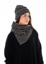 Kaki soft fleece beanie / cloche hat in Black and White stripe