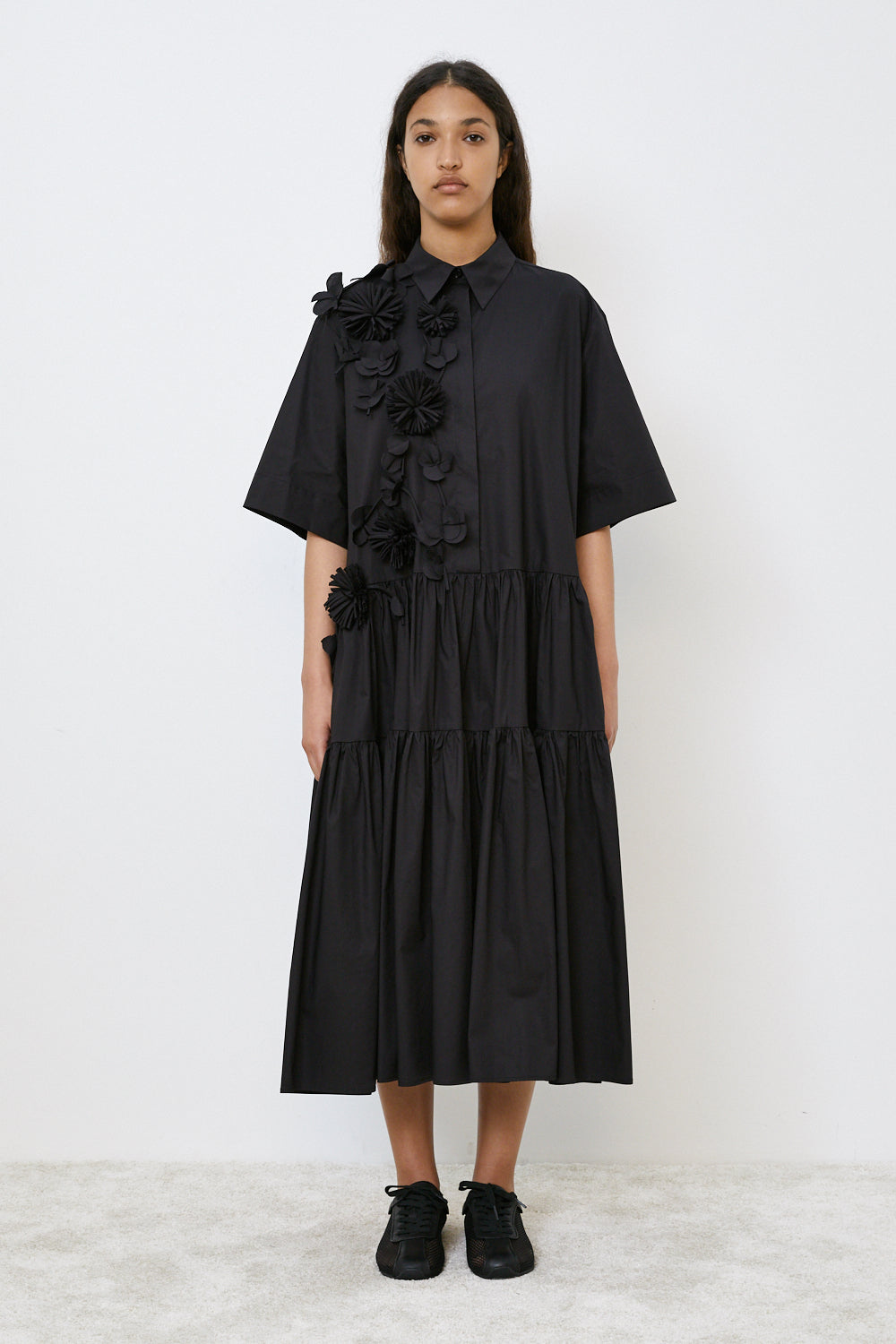 100% Cotton Dress with detailed ruffles and bows on front in Black