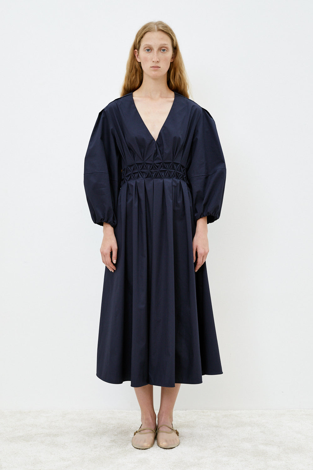 Cotton Poplin Long-sleeve Dress, Pintuck Waist - Polar Night