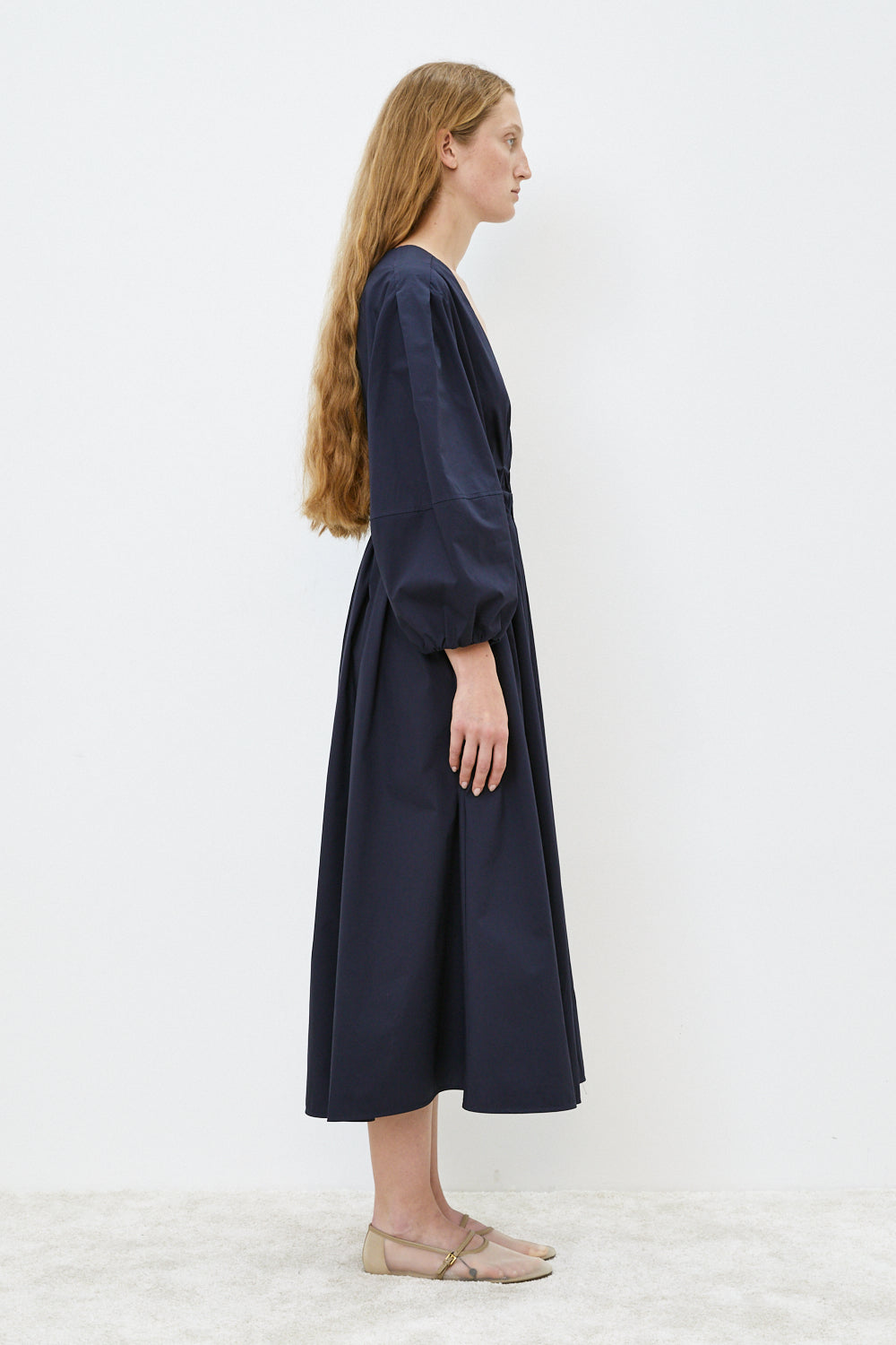 Cotton Poplin Long-sleeve Dress, Pintuck Waist - Polar Night