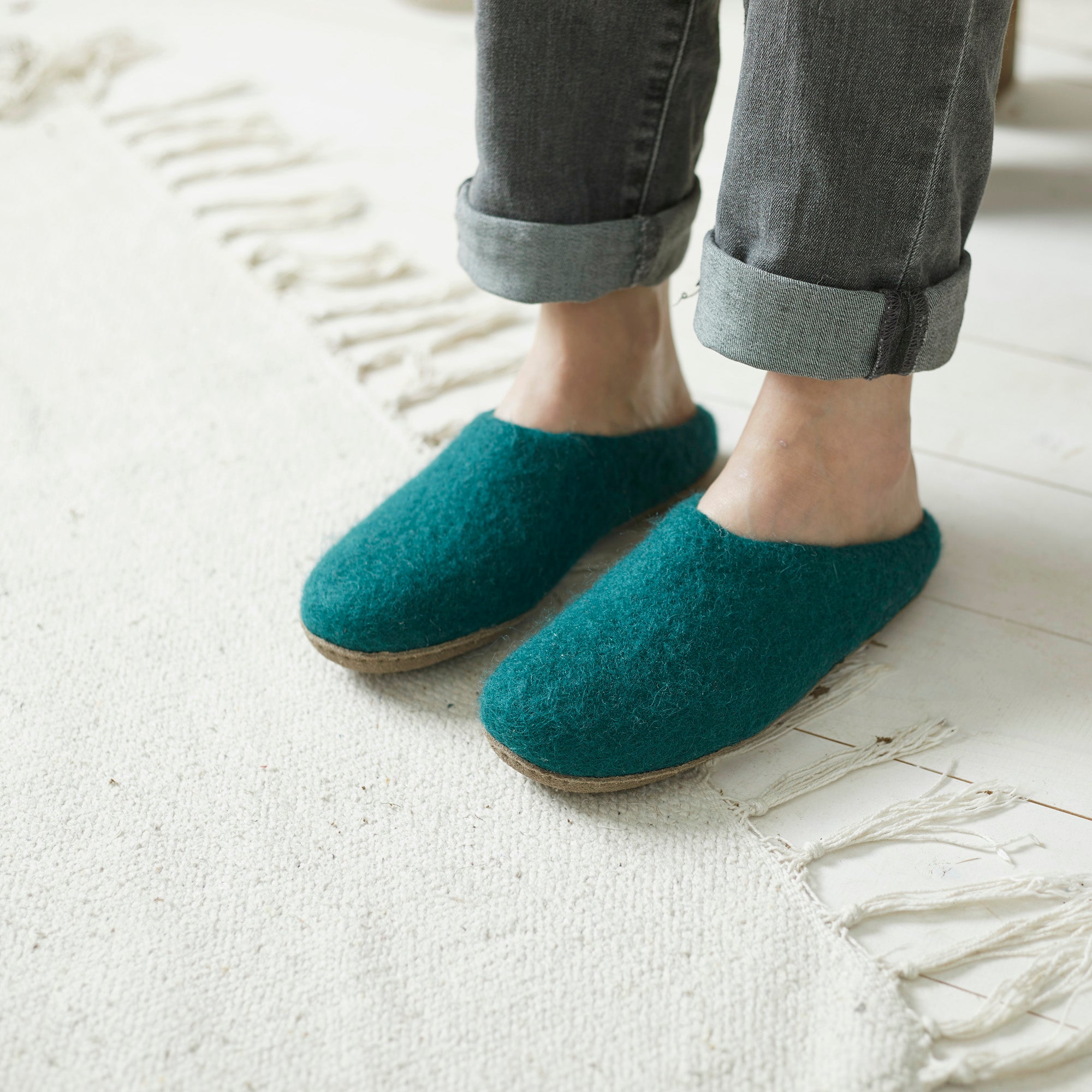 100% Wool Hand Felted Slippers in Teal Green