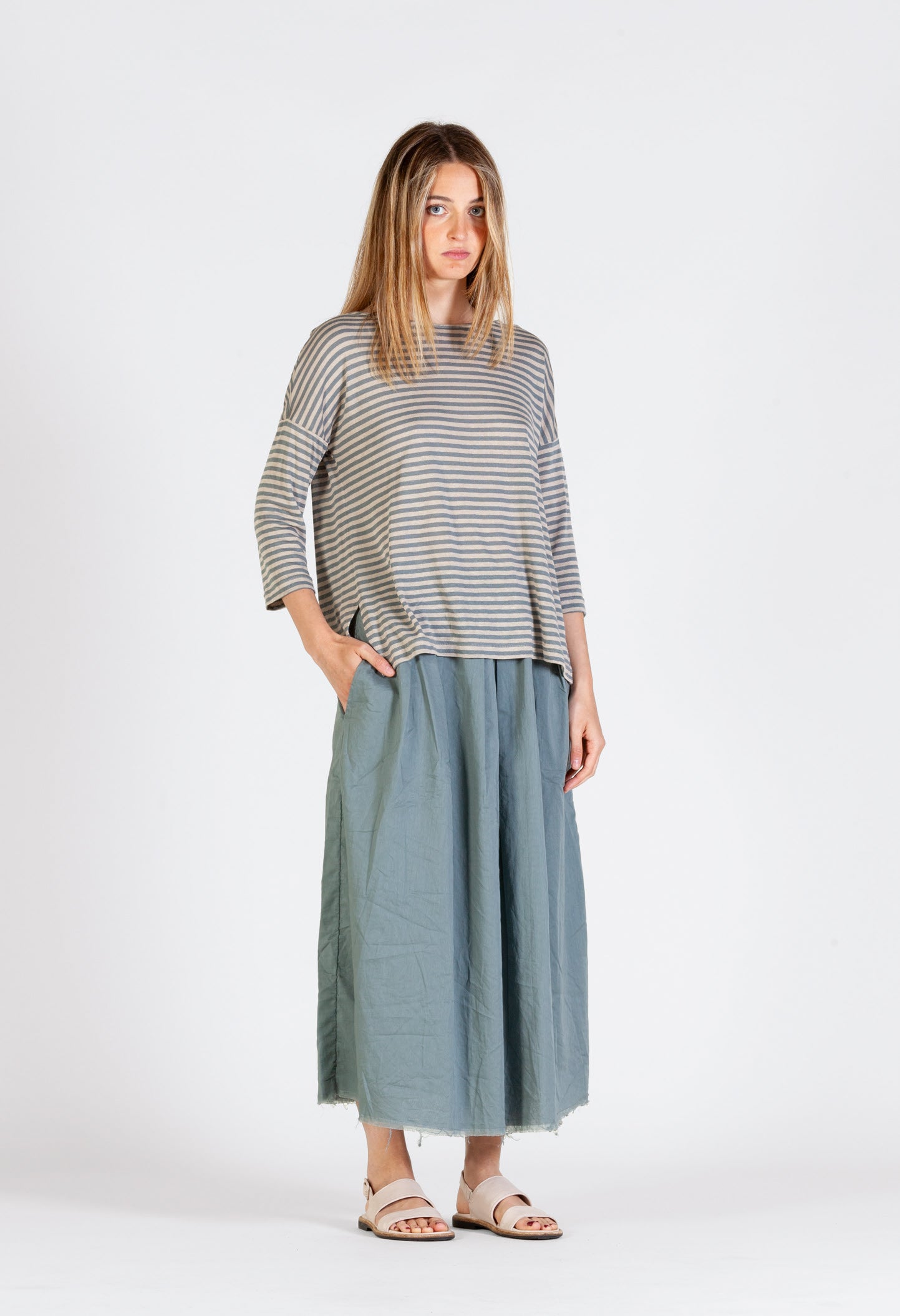 Gemelli Stripe Linen Mix Top in Duck Egg Blue and Stone Stripe