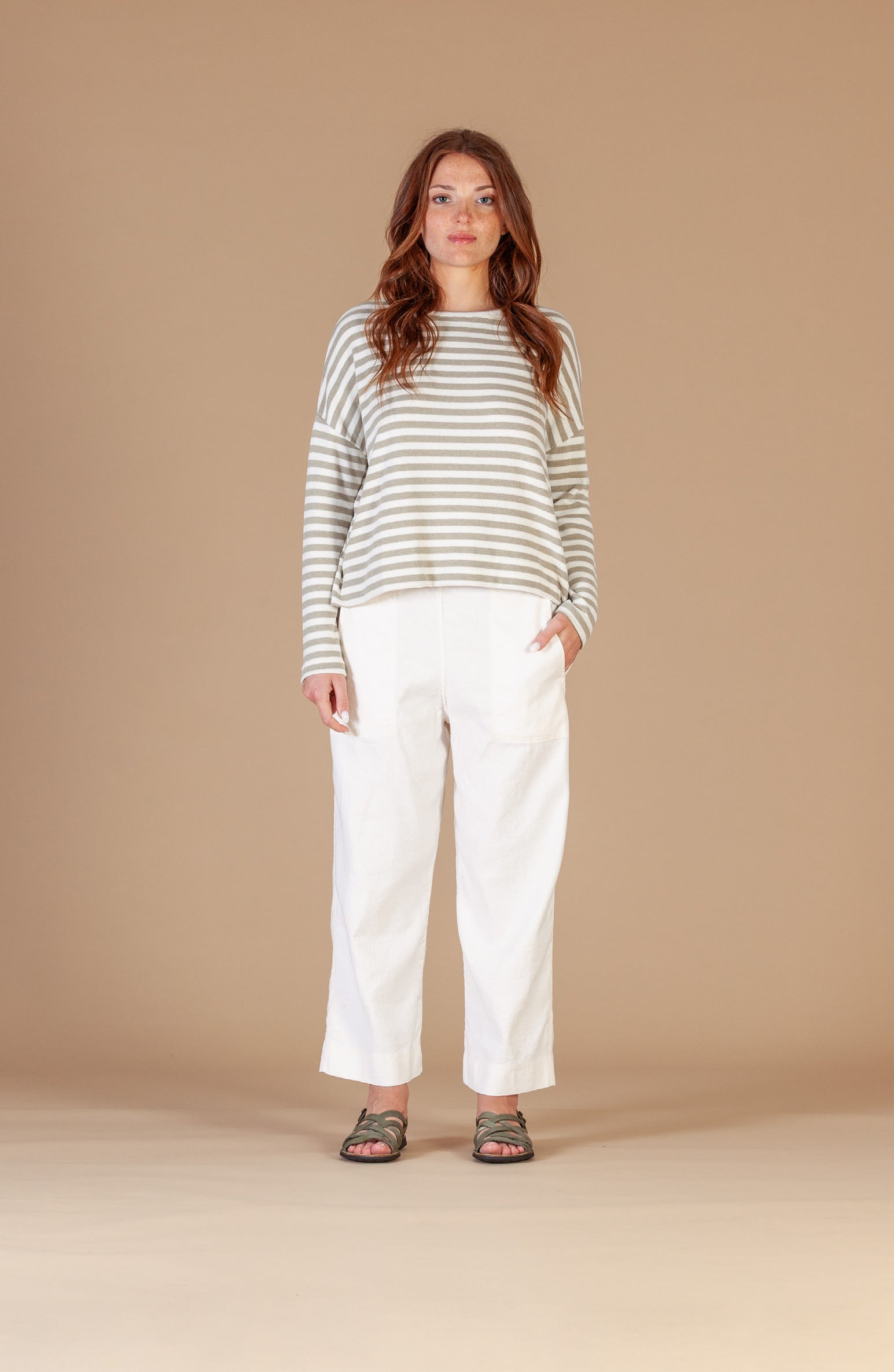 100% Cotton and Linen Alison Jumper in Cream and Lichen Stripe