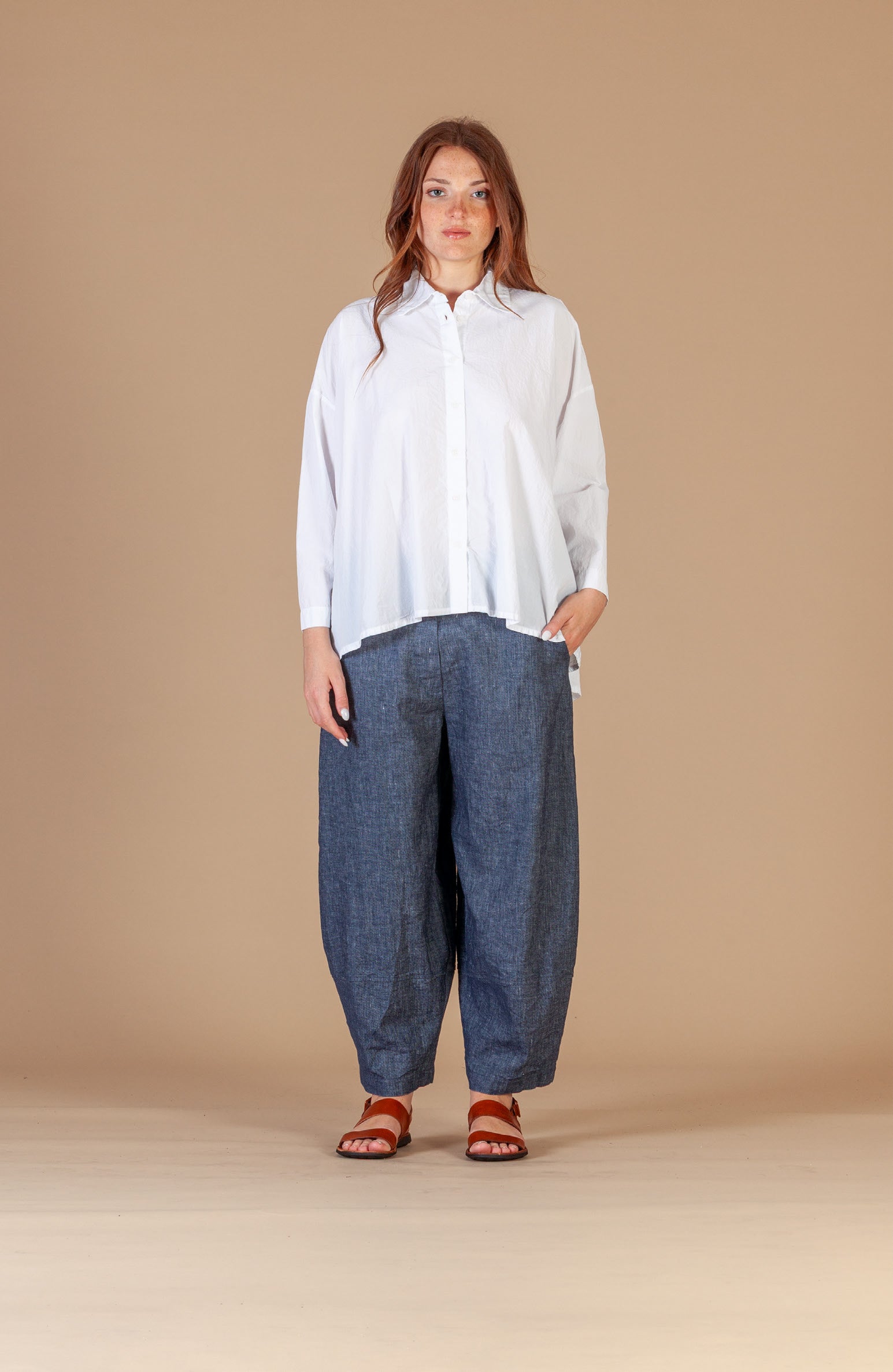 Rima D 100% Cotton and Linen Trousers in Denim Tbarb