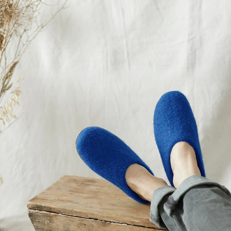 100% Wool Hand Felted Slippers in Moroccan Blue