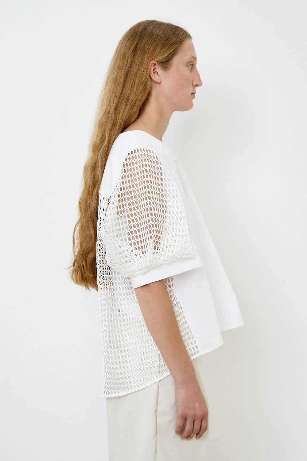 100% Cotton White Mesh Tee with lovely sleeves and back