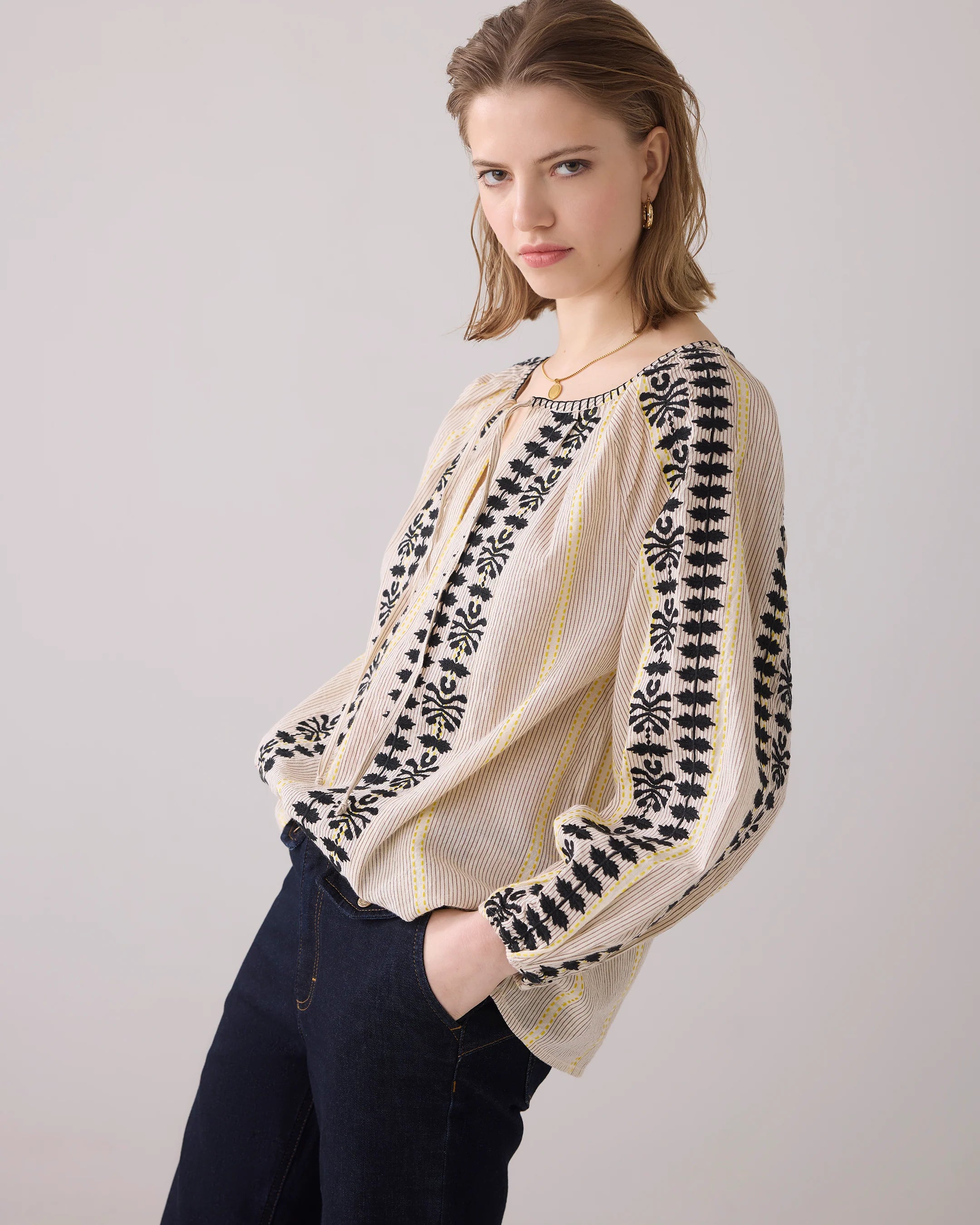 100% Cotton Long Sleeve Top in Pebble beige