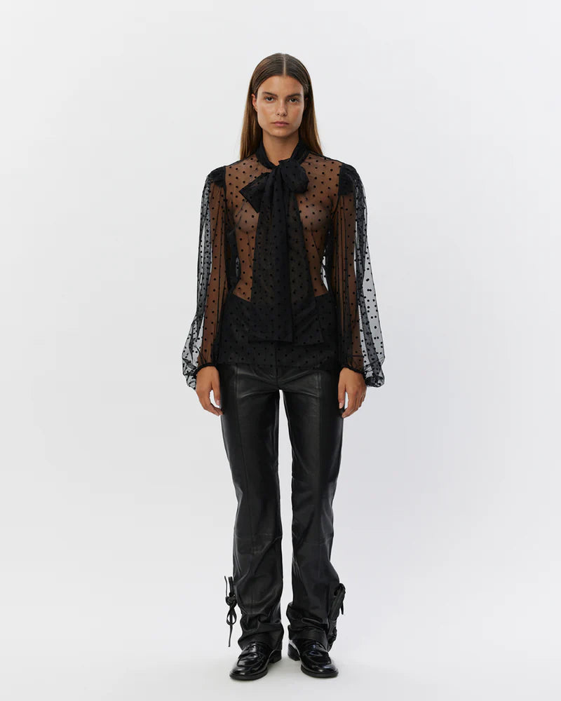 Mesh Blouse with Bow front in Black