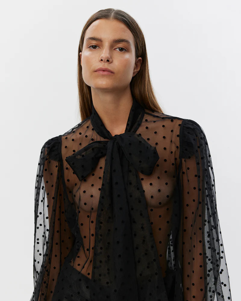 Mesh Blouse with Bow front in Black