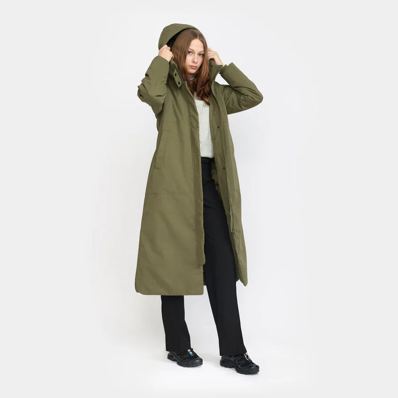 Long Padded Parka Coat in Olive Green