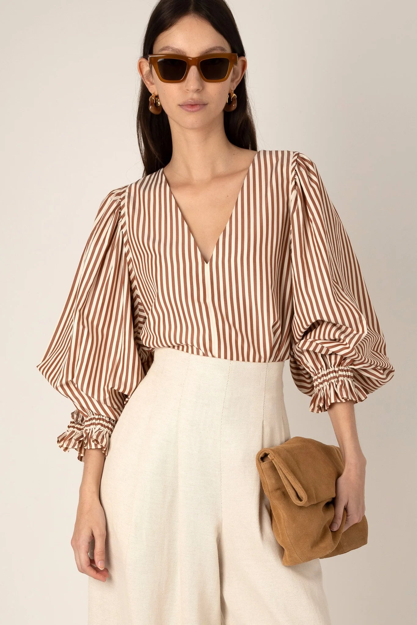 100% Cotton Remi Stripe Top in Brown and White