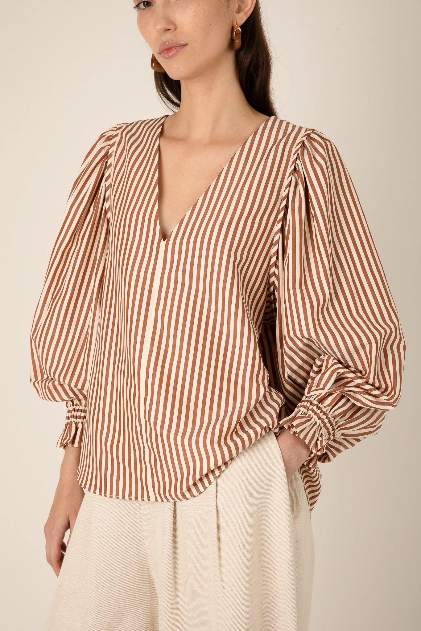 100% Cotton Remi Stripe Top in Brown and White