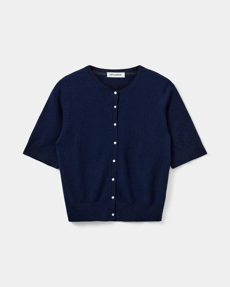 Short Sleeve 100% Merino Cardigan in Navy