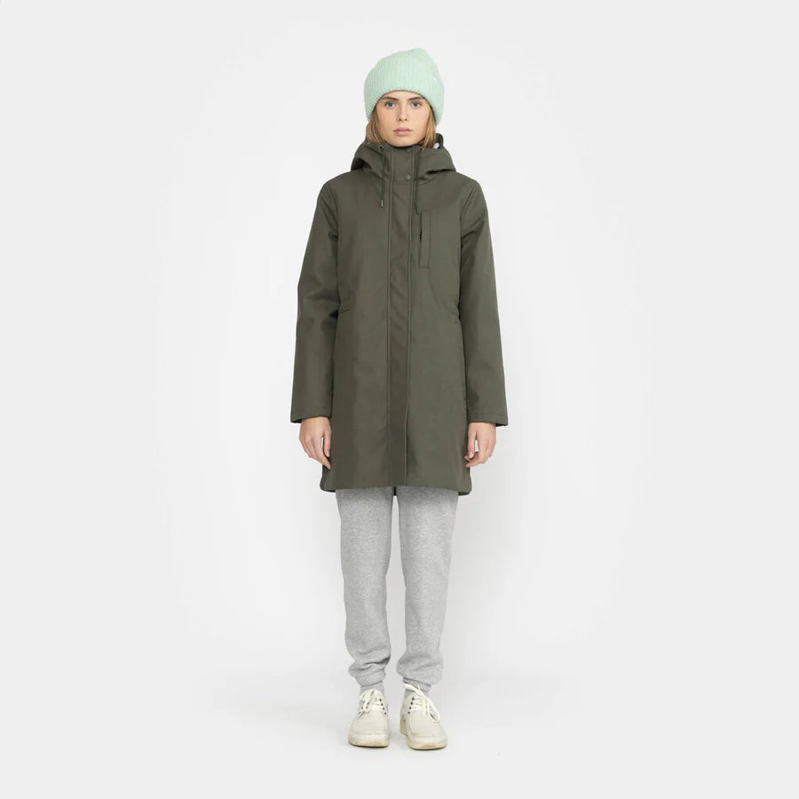 Cotton Padded Unisex Knee Length Parka Jacket in Olive Green