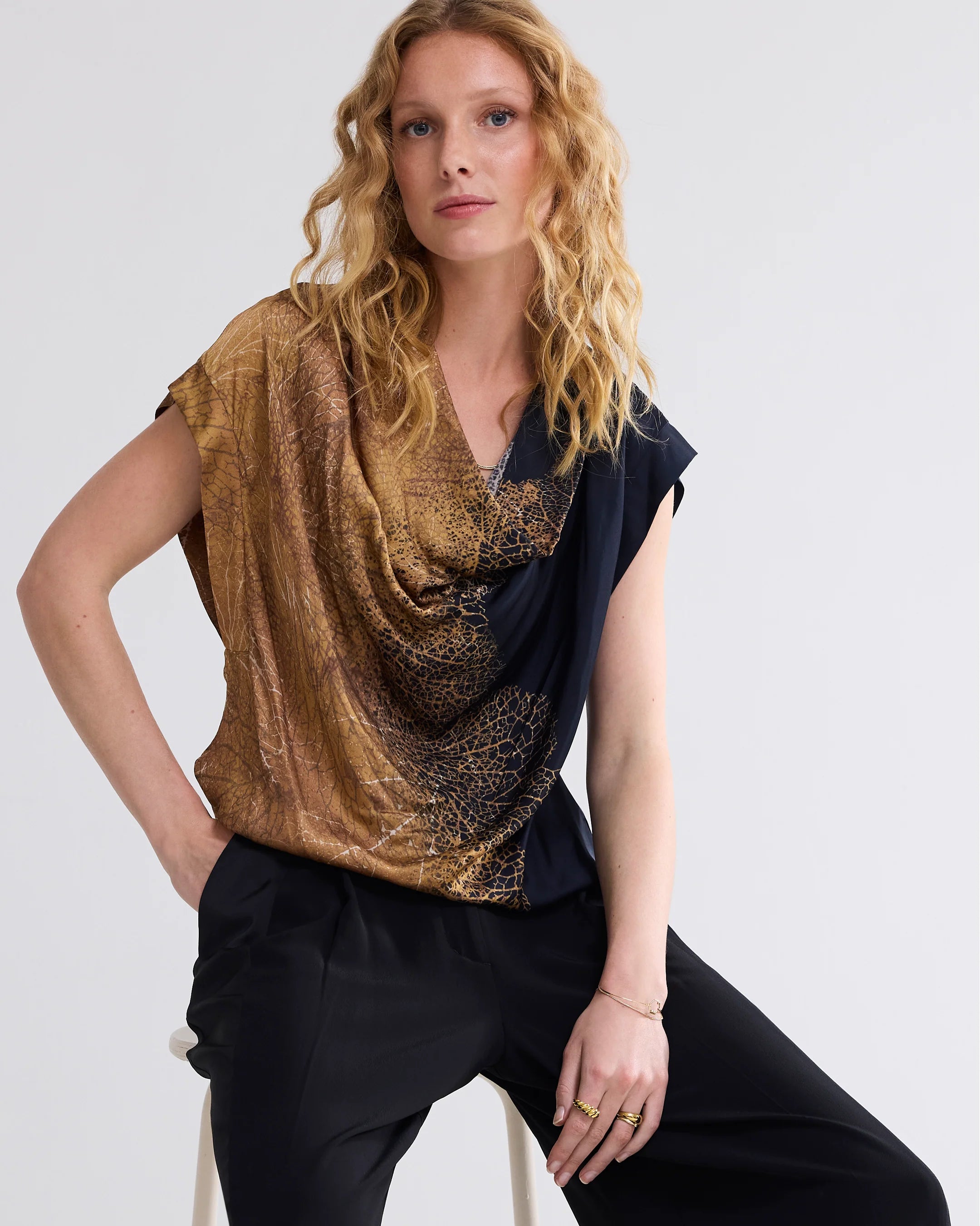 100% Viscose Sleeveless Waterfall Top in Camel Brown