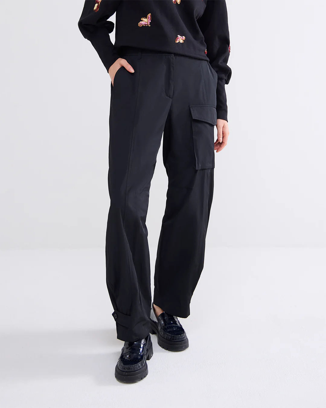 Taffeta Cargo Trousers in Black