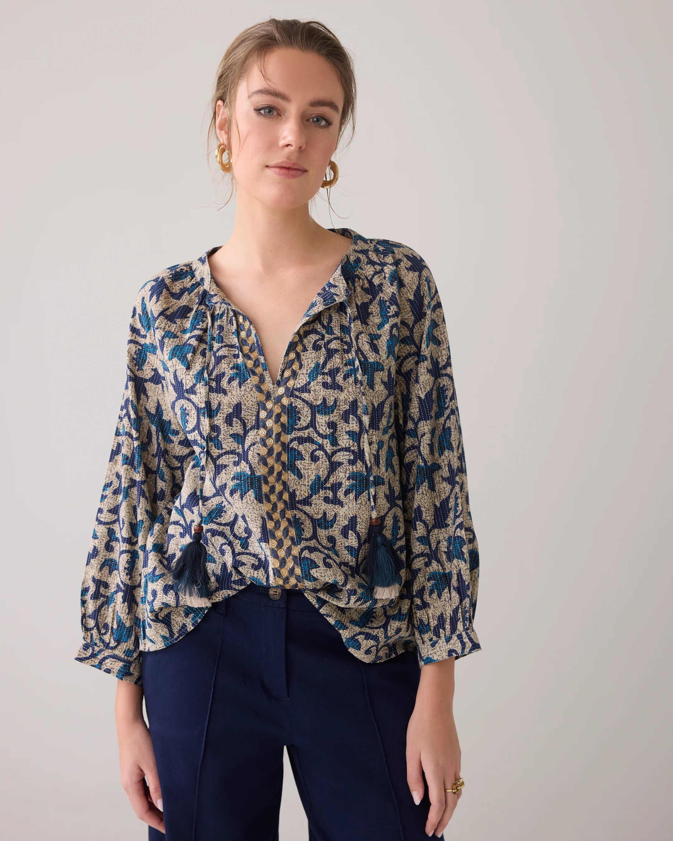 Top with Tassels, Block Print - Navy