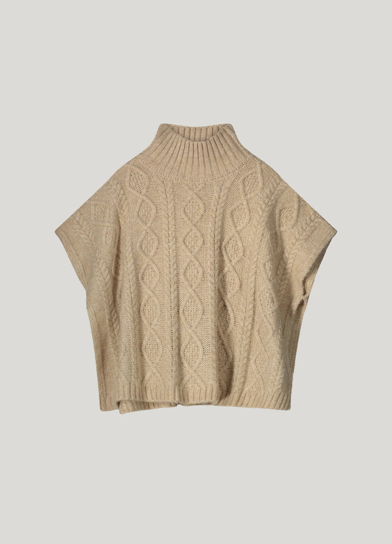 Sleeveless Wool Mix Cable Jumper with Turtleneck in Beige