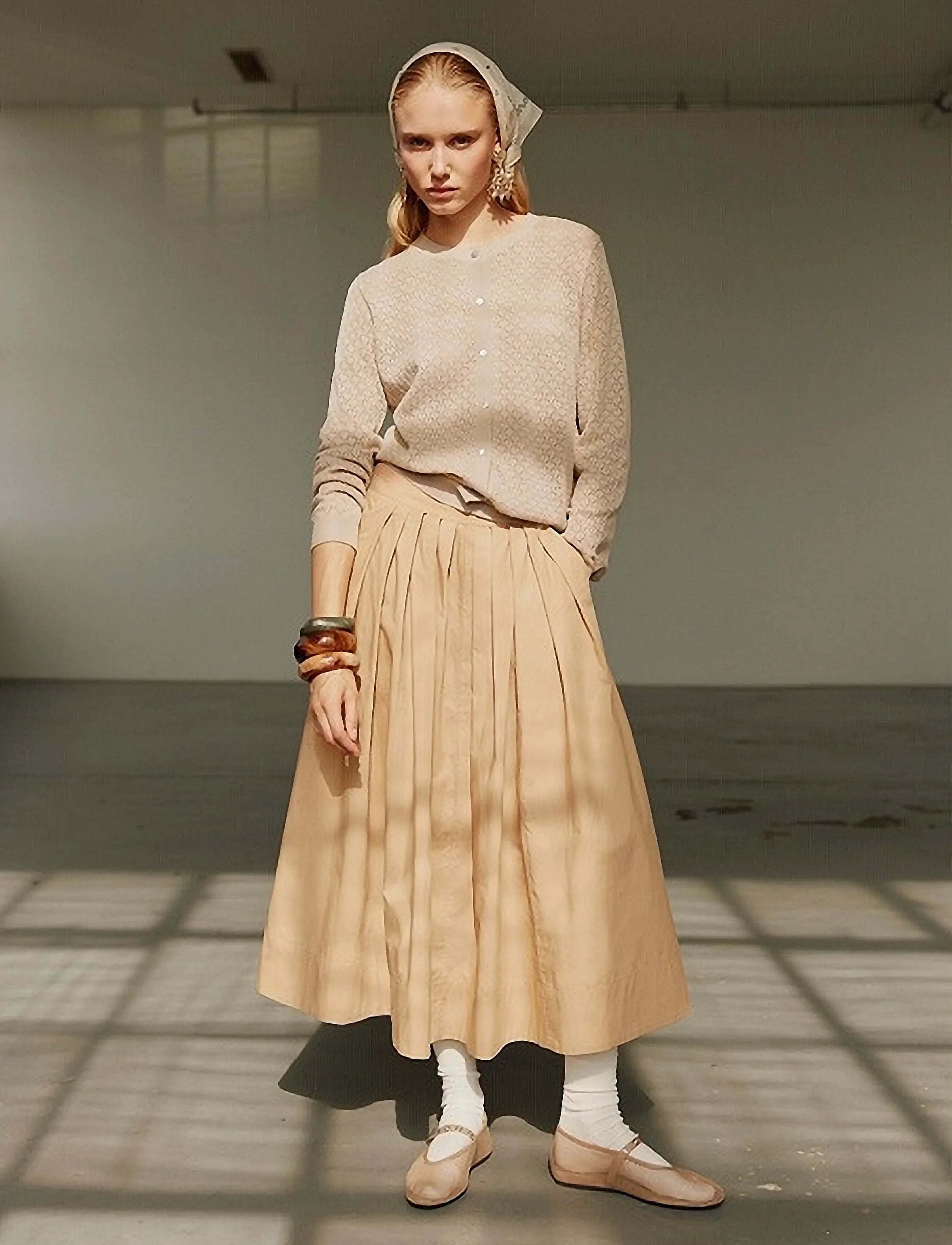 100% Cotton Kattia A-Line Flared Skirt in Beige