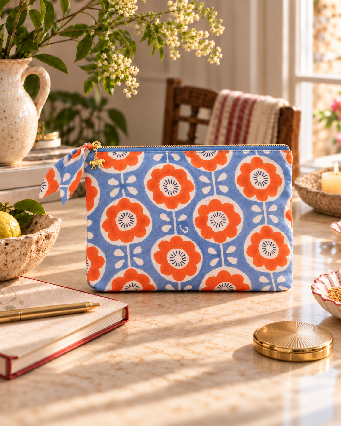 Hand Block Printed Organic Cotton Pouch - Folk Flower: Small