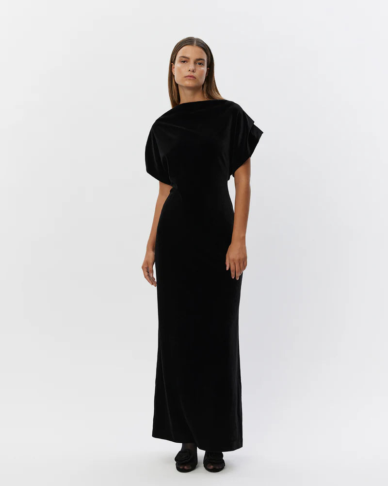 Velvet Dress with Waterfall neck in Black