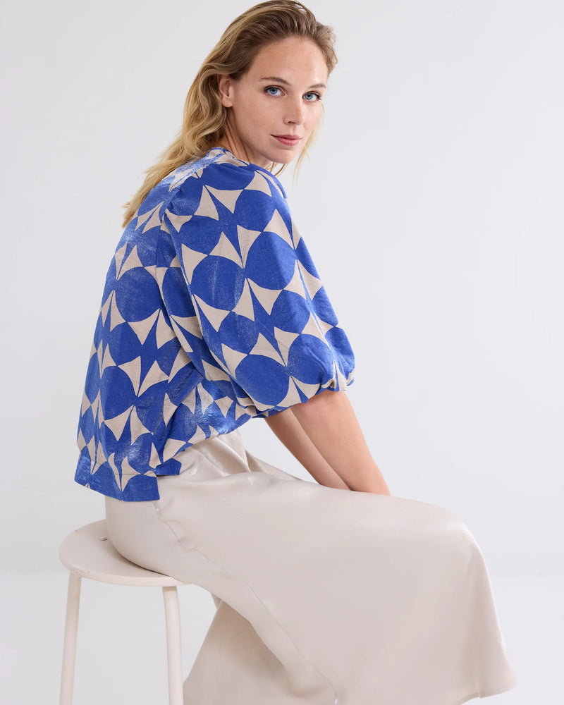 100% Viscose Blue and Cream Geometric Pattern Top