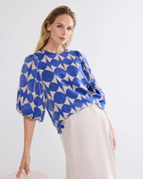 100% Viscose Blue and Cream Geometric Pattern Top