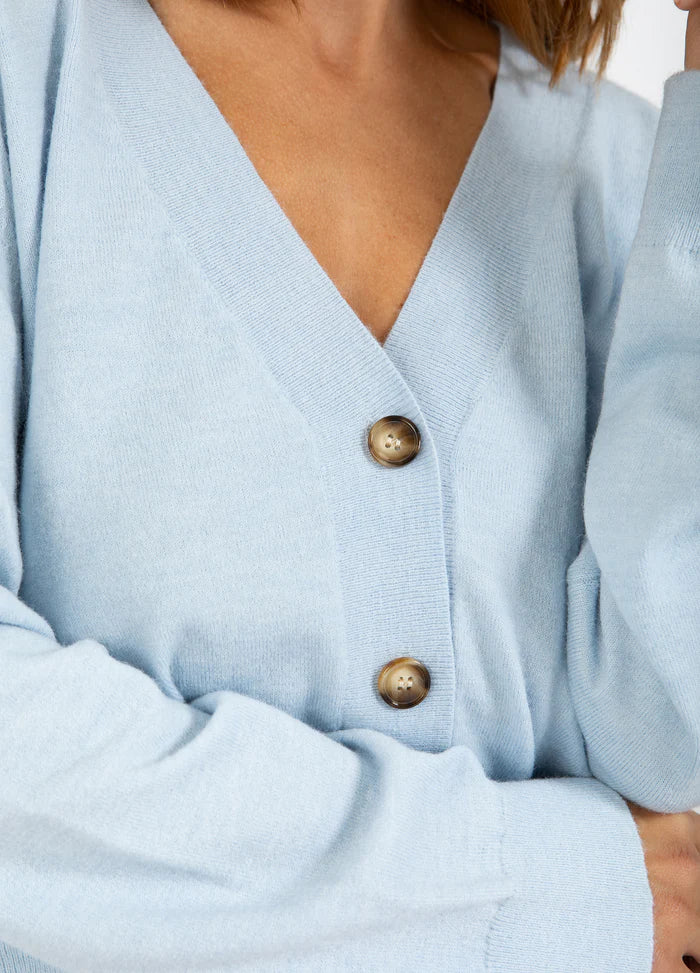 V Neck Wool and Cotton Mix Cardigan in Ice Blue