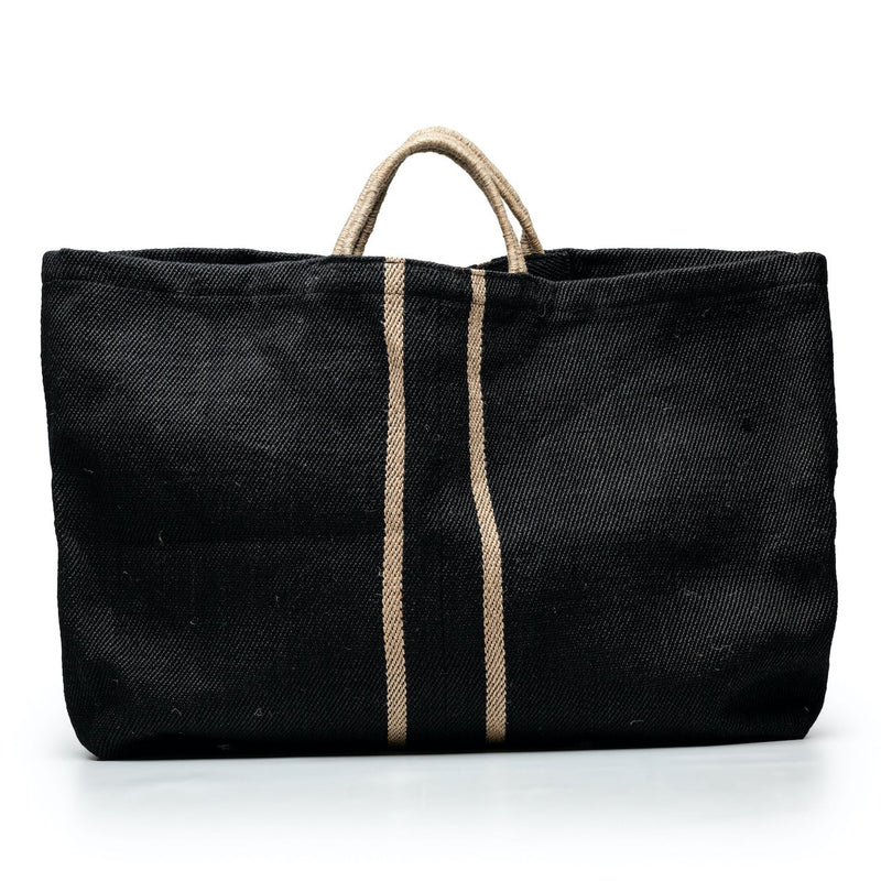 Extra large jute bag black with two central natural stripes
