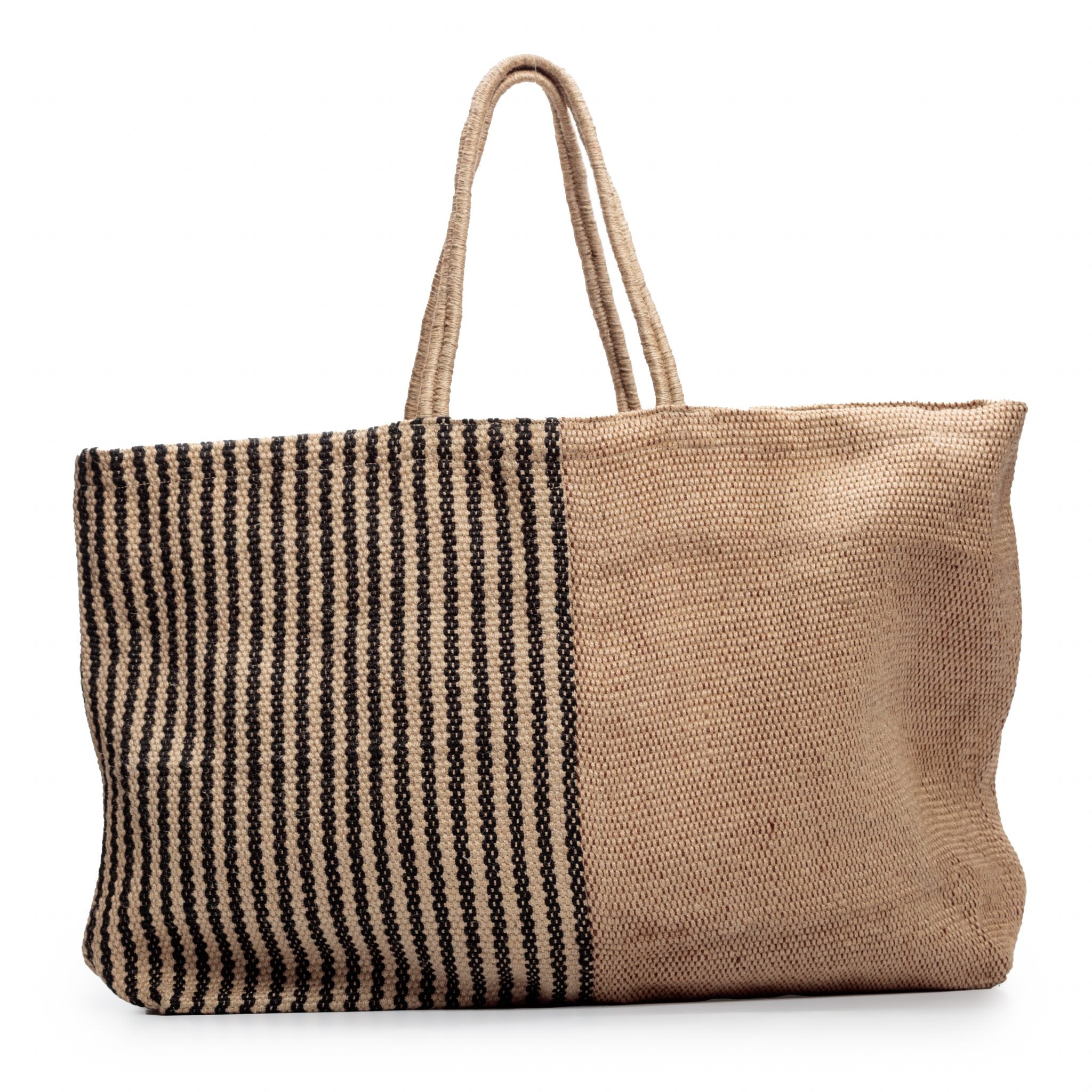 Extra large jute bag with long handles Thin black stripes