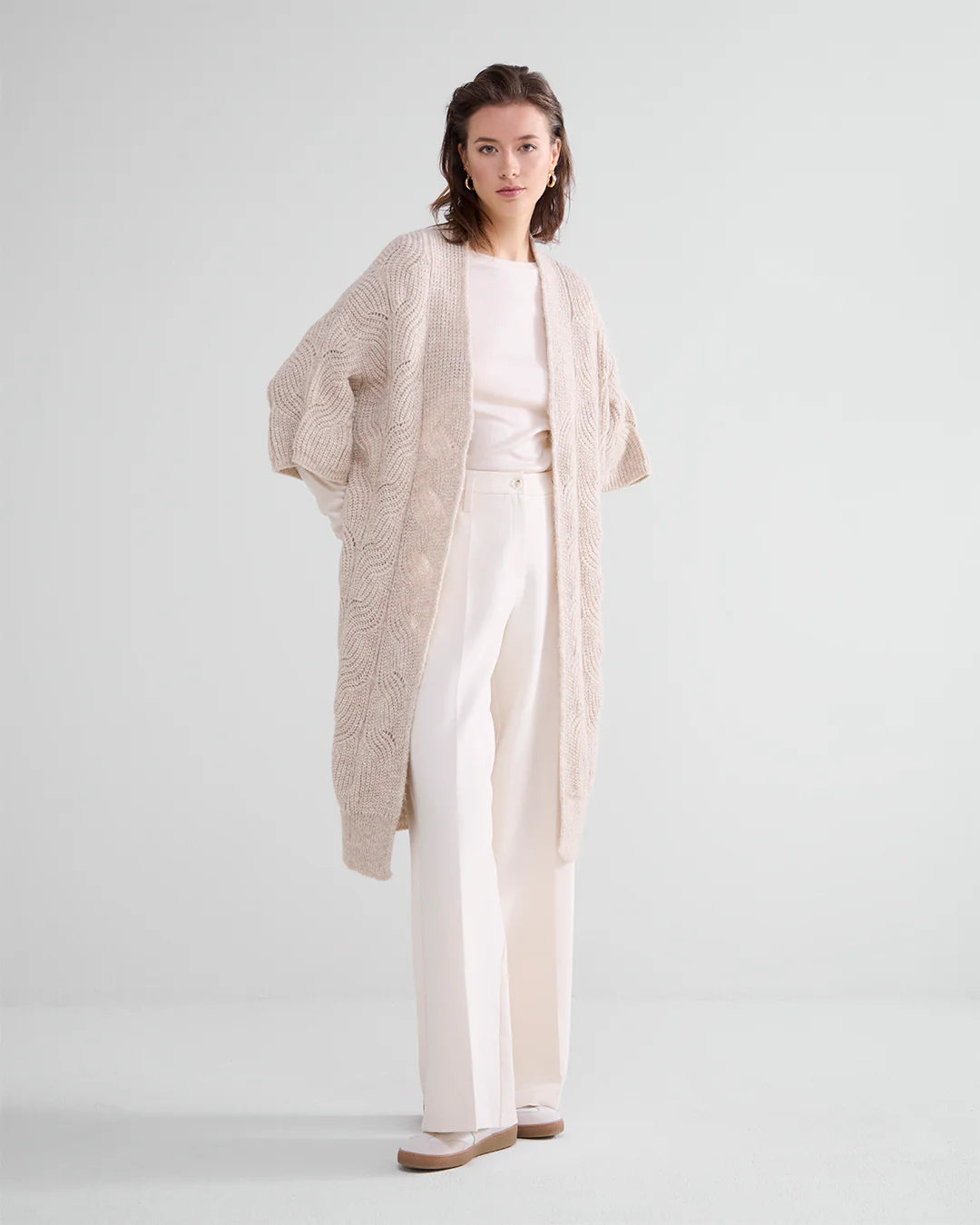 Long Kimono Cardigan in Cream and Metallic Thread