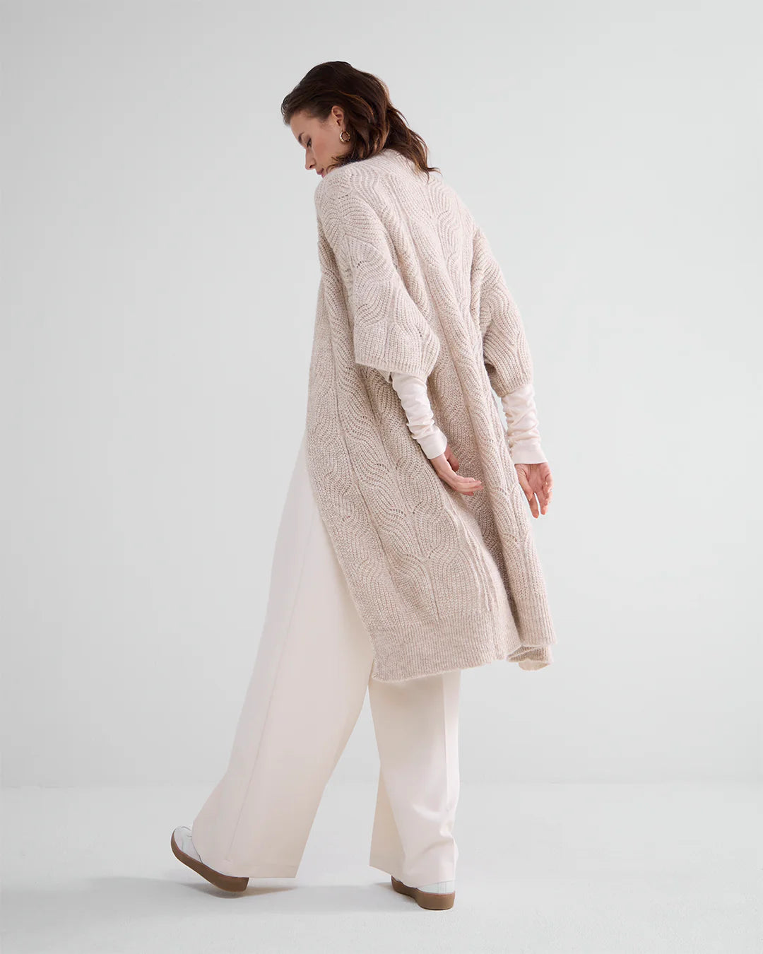 Long Kimono Cardigan in Cream and Metallic Thread