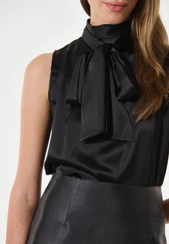 Silk Sleeveless Black Blouse with Scarf Collar