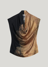 100% Viscose Sleeveless Waterfall Top in Camel Brown